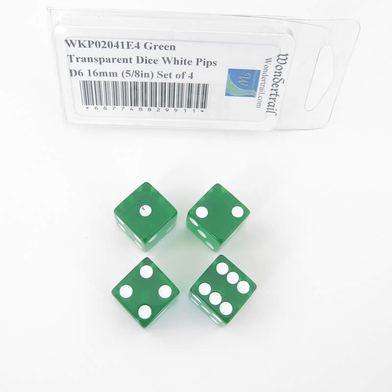 WKP02041E4 Green Transparent Dice White Pips D6 16mm (5/8in) Set of 4 Main Image