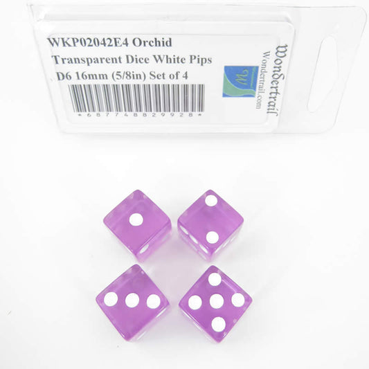 WKP02042E4 Orchid Transparent Dice White Pips D6 16mm (5/8in) Set of 4 Main Image