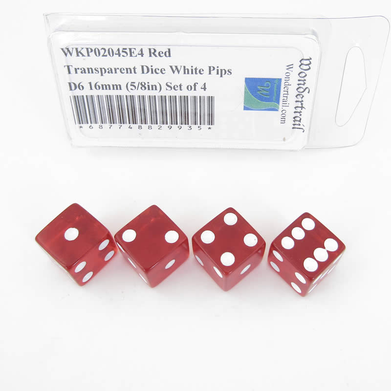WKP02045E4 Red Transparent Dice White Pips D6 16mm (5/8in) Set of 4 Main Image