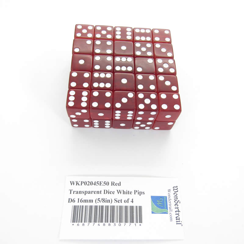 WKP02045E50 Red Transparent Dice White Pips D6 16mm (5/8in) Set of 50 Main Image