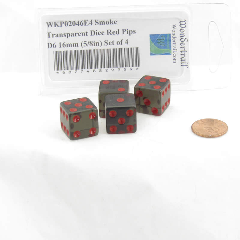 WKP02046E4 Smoke Transparent Dice Red Pips D6 16mm (5/8in) Set of 4 2nd Image