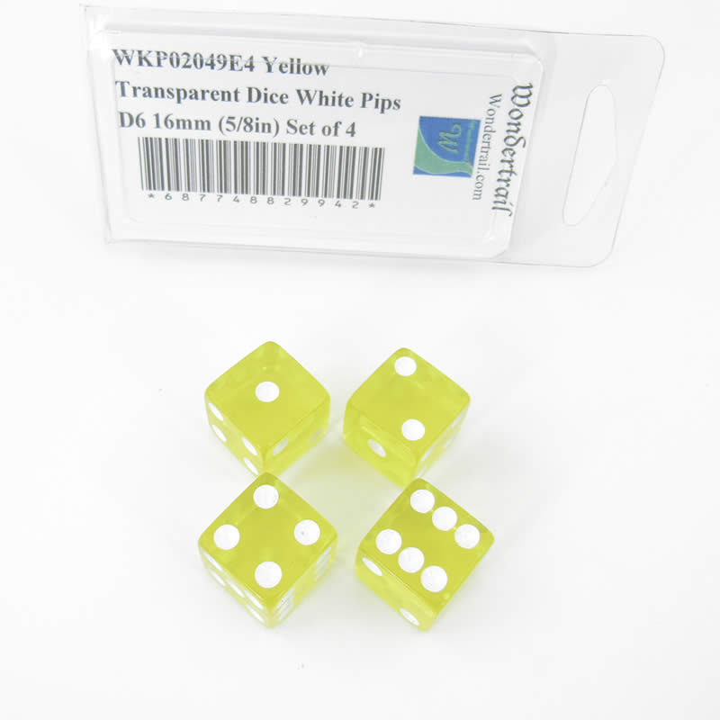 WKP02049E4 Yellow Transparent Dice White Pips D6 16mm (5/8in) Set of 4 Main Image