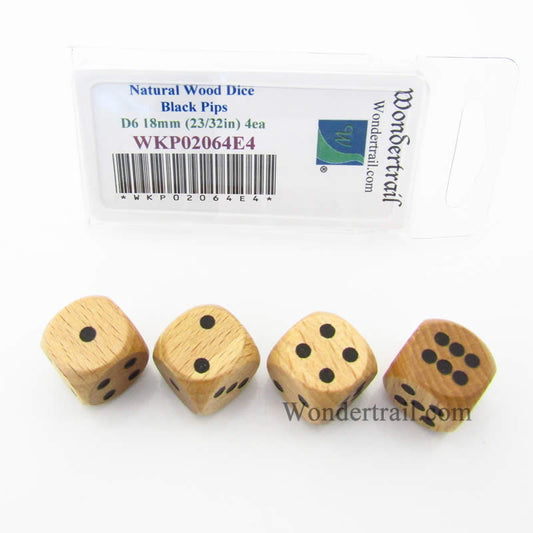 WKP02064E4 Natural Wood Dice Black Pips D6 18mm (23/32in) Pack of 4 Main Image