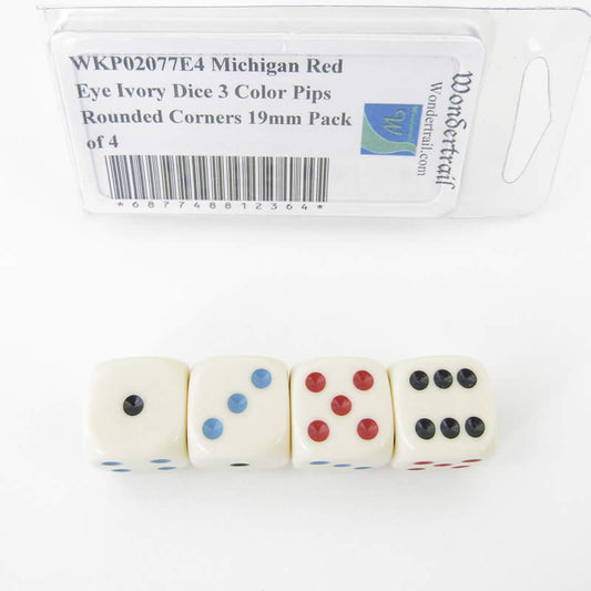 WKP02077E4 Michigan Red Eye Ivory Dice 3 Color Pips Rounded Corners 19mm Pack of 4 Main Image