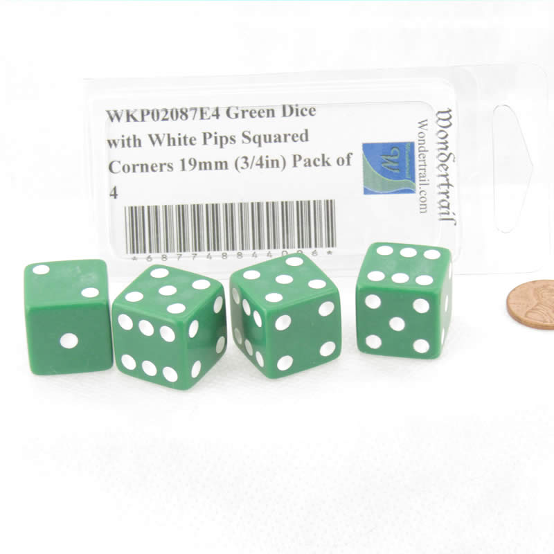 WKP02087E4 Green Dice with White Pips Squared Corners 19mm (3/4in) Pack of 4
