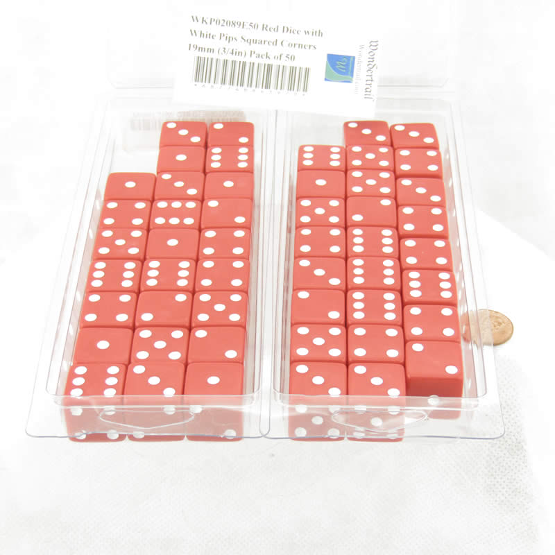WKP02089E50 Red Dice with White Pips Squared Corners 19mm (3/4in) Pack of 50