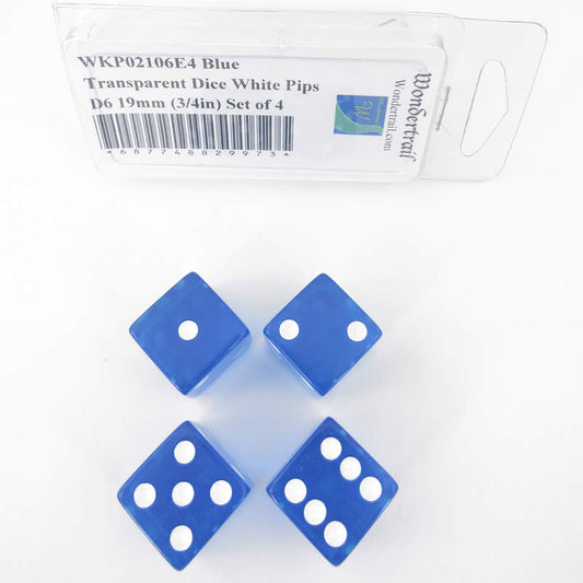 WKP02106E4 Blue Transparent Dice White Pips D6 19mm (3/4in) Set of 4 Main Image