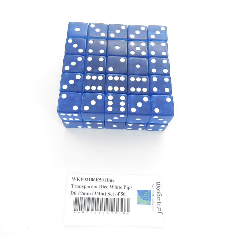 WKP02106E50 Blue Transparent Dice White Pips D6 19mm (3/4in) Set of 50 Main Image