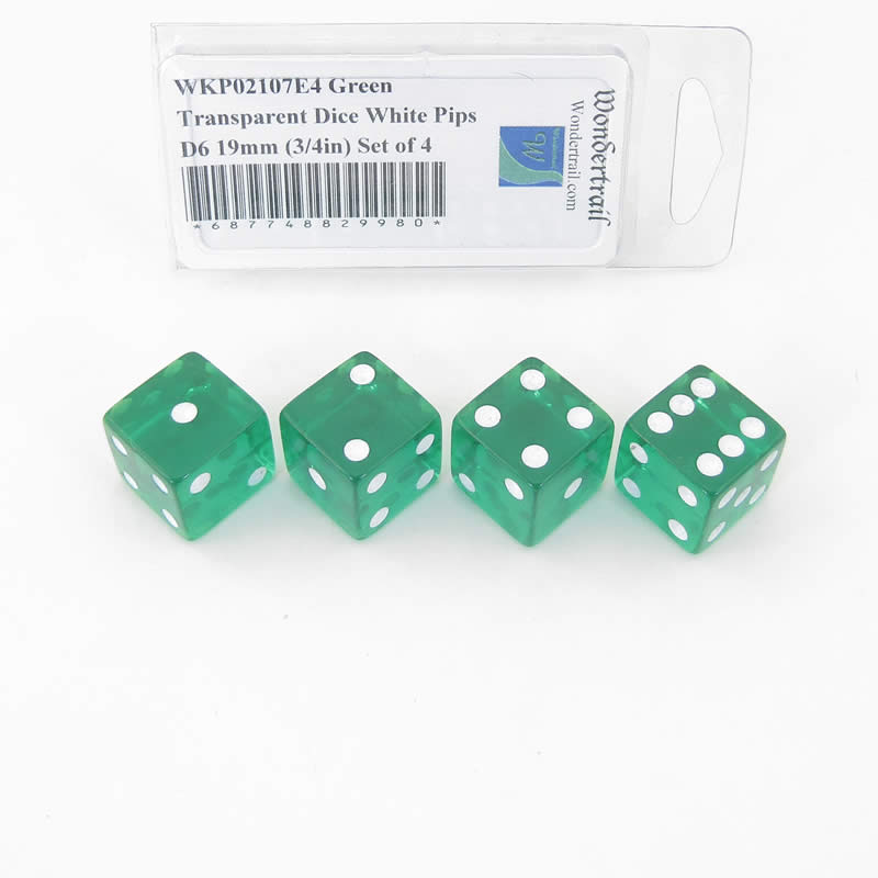 WKP02107E4 Green Transparent Dice White Pips D6 19mm (3/4in) Set of 4 Main Image