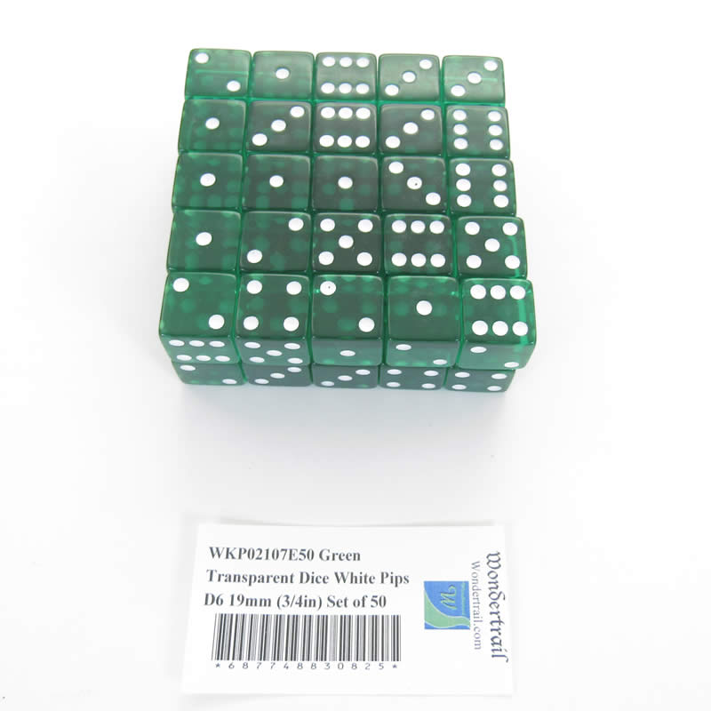 WKP02107E50 Green Transparent Dice White Pips D6 19mm (3/4in) Set of 50 Main Image