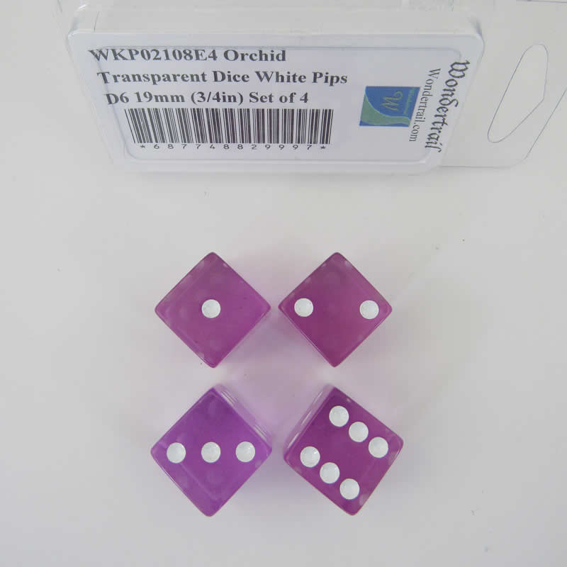 WKP02108E4 Orchid Transparent Dice White Pips D6 19mm (3/4in) Set of 4 Main Image