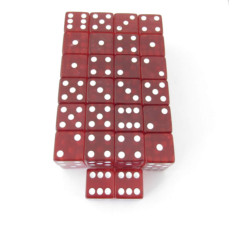 WKP02109E50 Red Transparent Dice White Pips Square Corners D6 19mm Set of 50 Main Image