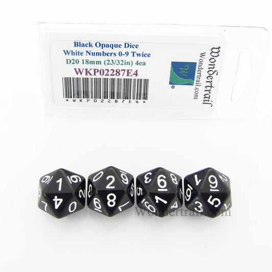 WKP02287E4 Black Opaque Dice White Numbers D20 (0 - 9 Twice) 18mm Pack of 4 Main Image