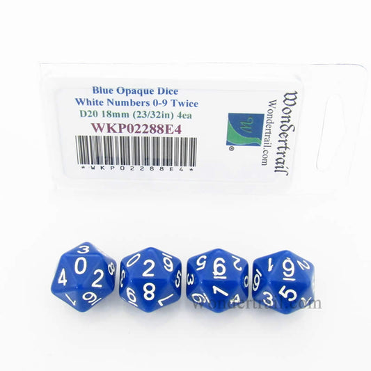 WKP02288E4 Blue Opaque Dice White Numbers D20 (0 - 9 Twice) 18mm Pack of 4 Main Image