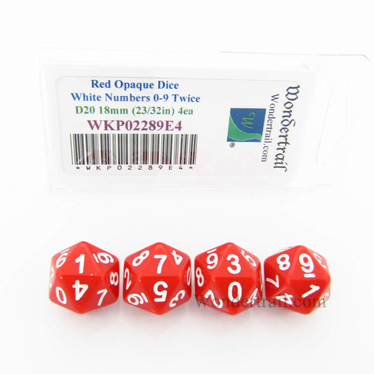 WKP02289E4 Red Opaque Dice White Numbers D20 (0 - 9 Twice) 18mm Pack of 4 Main Image