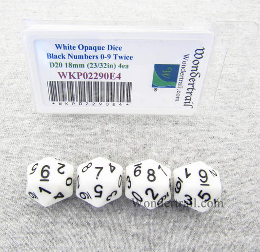 WKP02290E4 White Opaque Dice Black Numbers D20 (0 - 9 Twice) 18mm Pack of 4 Main Image