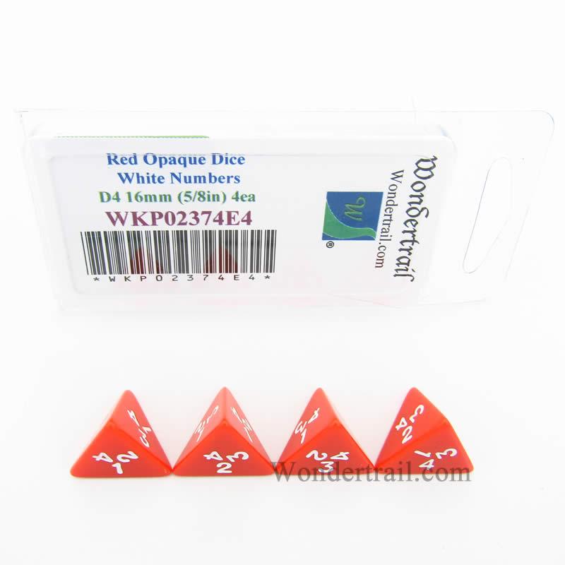 WKP02374E4 Red Opaque Dice White Numbers D4 16mm (5/8in) Pack of 4 Main Image