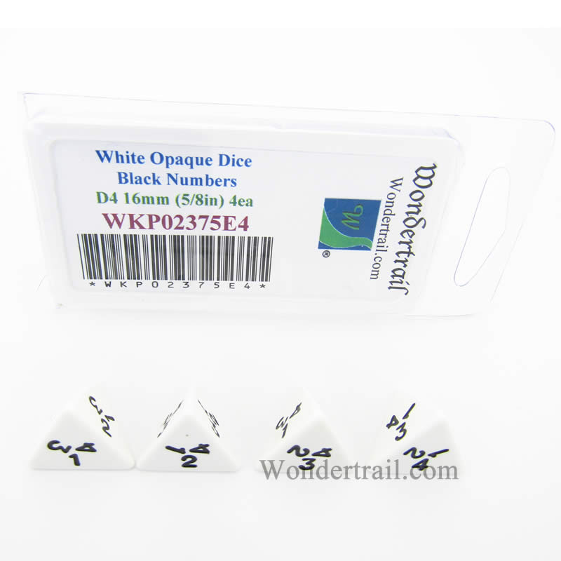 WKP02375E4 White Opaque Dice Black Numbers D4 16mm (5/8in) Pack of 4 2nd Image
