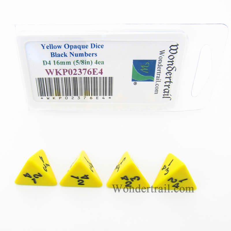 WKP02376E4 Yellow Opaque Dice Black Numbers D4 16mm Pack of 4 Main Image