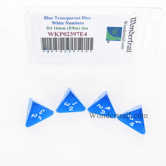 WKP02397E4 Blue Transparent Dice White Numbers D4 16mm Pack of 4 Main Image
