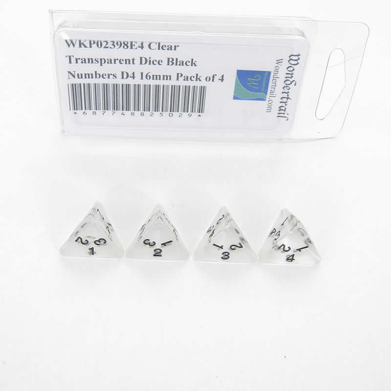 WKP02398E4 Clear Transparent Dice Black Numbers D4 16mm Pack of 4 Main Image