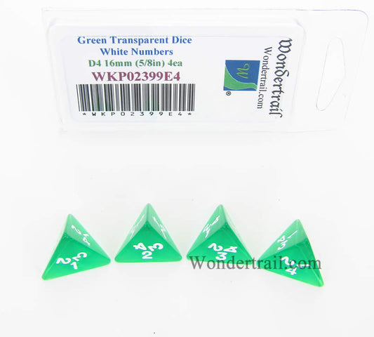 WKP02399E4 Green Transparent Dice White Numbers D4 16mm Pack of 4 Main Image