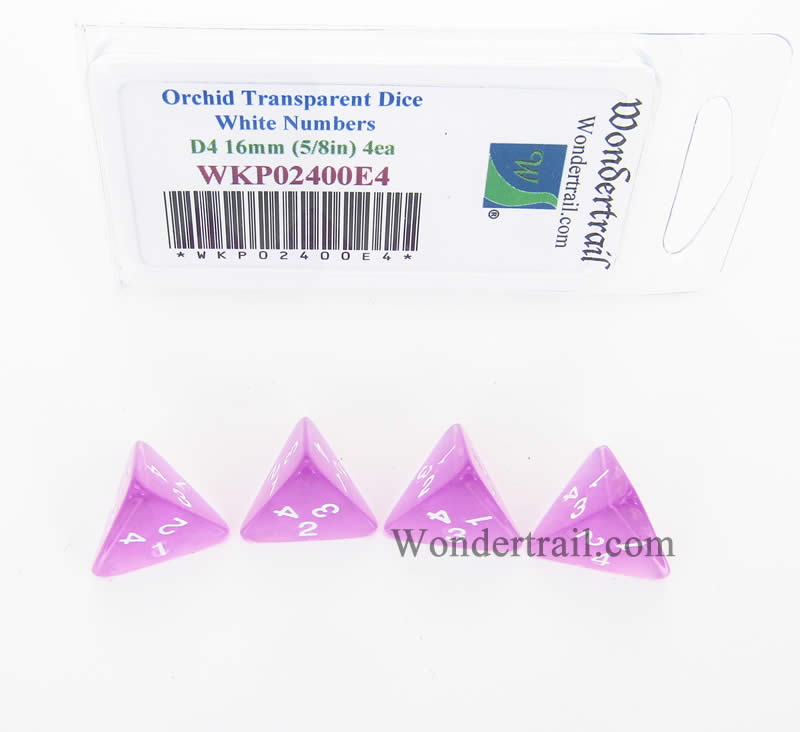 WKP02400E4 Orchid Transparent Dice White Numbers D4 16mm Pack of 4 Main Image