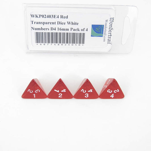 WKP02403E4 Red Transparent Dice White Numbers D4 16mm Pack of 4 Main Image