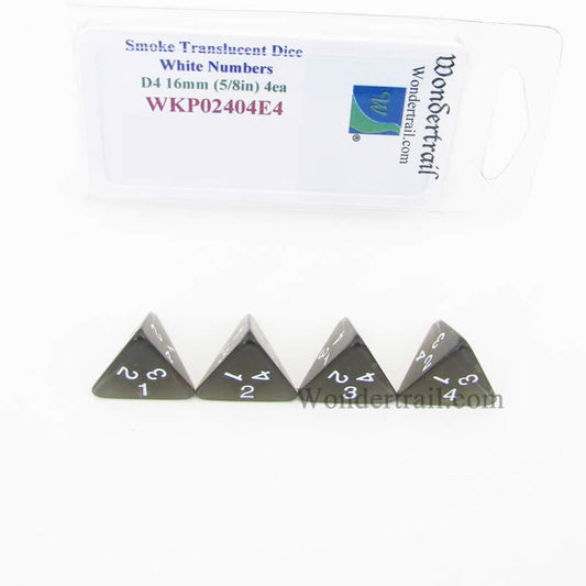 WKP02404E4 Smoke Transparent Dice White Numbers D4 16mm Pack of 4 Main Image