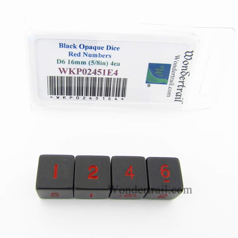 WKP02451E4 Black Opaque Dice Red Numbers D6 16mm (5/8in) Pack of 4 Main Image