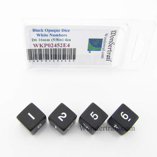 WKP02452E4 Black Opaque Dice White Numbers D6 16mm (5/8in) Pack of 4 Main Image