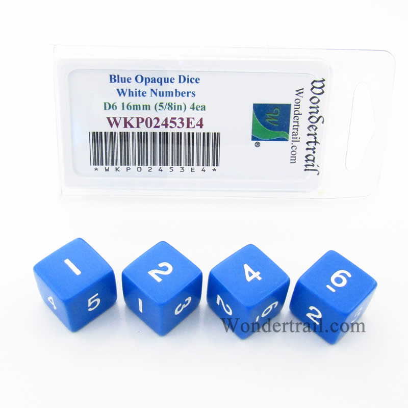 WKP02453E4 Blue Opaque Dice White Numbers D6 16mm (5/8in) Pack of 4 Main Image