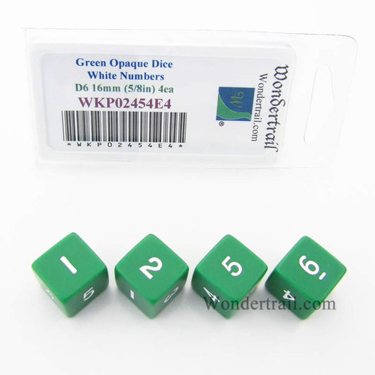 WKP02454E4 Green Opaque Dice White Numbers D6 16mm (5/8in) Pack of 4 Main Image