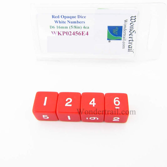 WKP02456E4 Red Opaque Dice White Numbers D6 16mm (5/8in) Pack of 4 Main Image