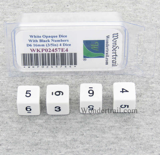 WKP02457E4 White Opaque Dice Black Numbers D6 16mm (5/8in) Pack of 4 Main Image