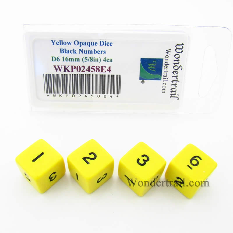 WKP02458E4 Yellow Opaque Dice Black Numbers D6 16mm Pack of 4 Main Image