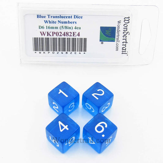 WKP02482E4 Blue Transparent Dice White Numbers D6 16mm Pack of 4 Main Image