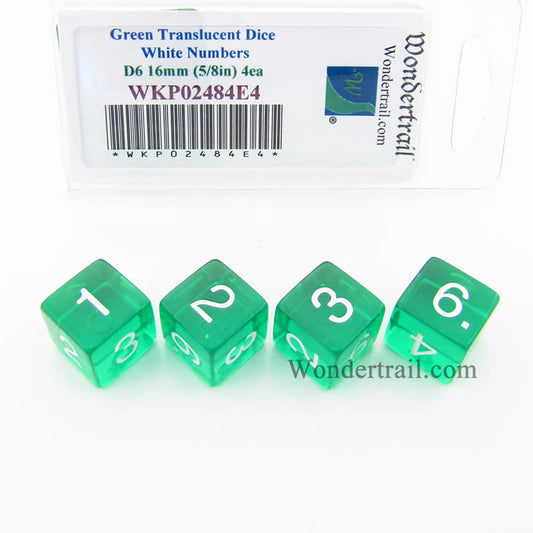 WKP02484E4 Green Transparent Dice White Numbers D6 16mm Pack of 4 Main Image