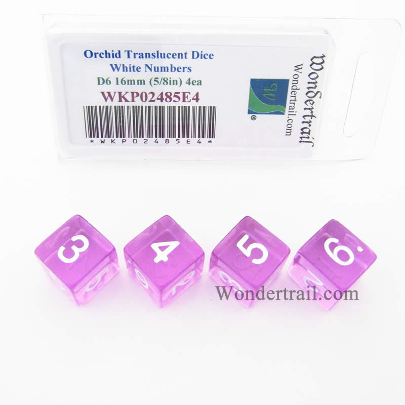WKP02485E4 Orchid Transparent Dice White Numbers D6 16mm Pack of 4 Main Image