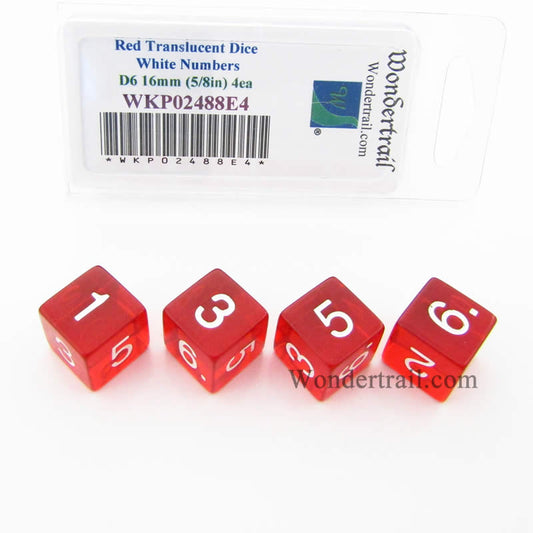 WKP02488E4 Red Transparent Dice White Numbers D6 16mm Pack of 4 Main Image