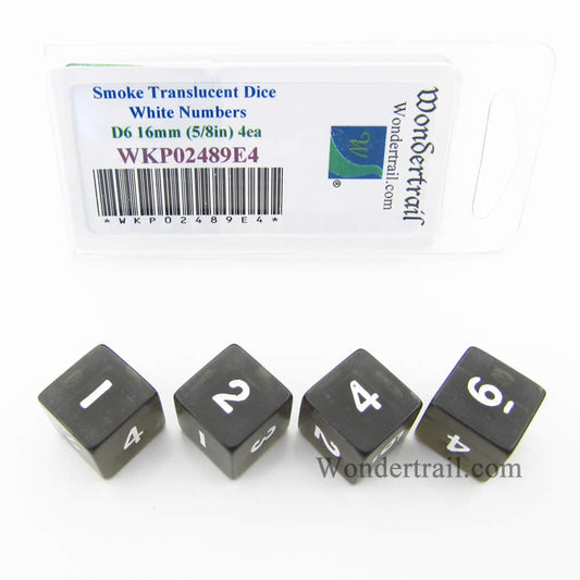 WKP02489E4 Smoke Transparent Dice White Numbers D6 16mm Pack of 4 Main Image