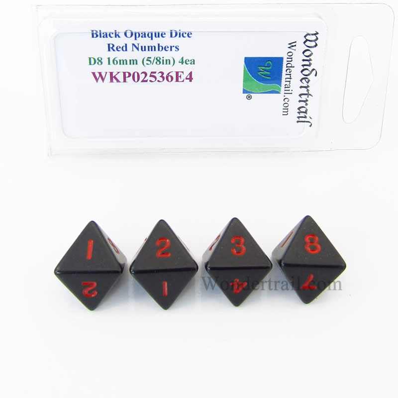 WKP02536E4 Black Opaque Dice Red Numbers D8 16mm (5/8in) Pack of 4 Main Image