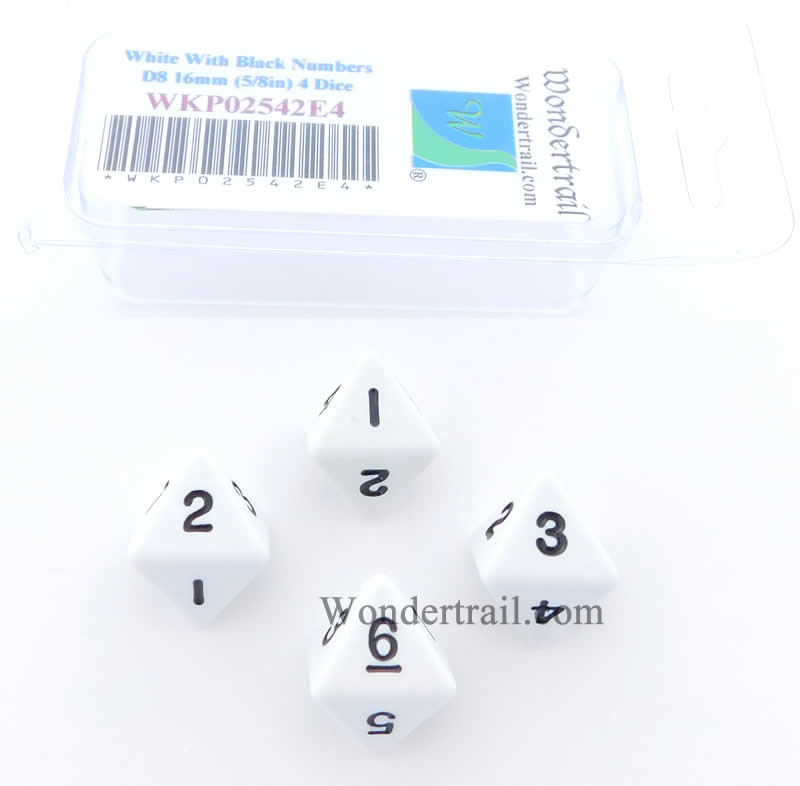 WKP02542E4 White Opaque Dice Black Numbers D8 16mm (5/8in) Pack of 4 Main Image