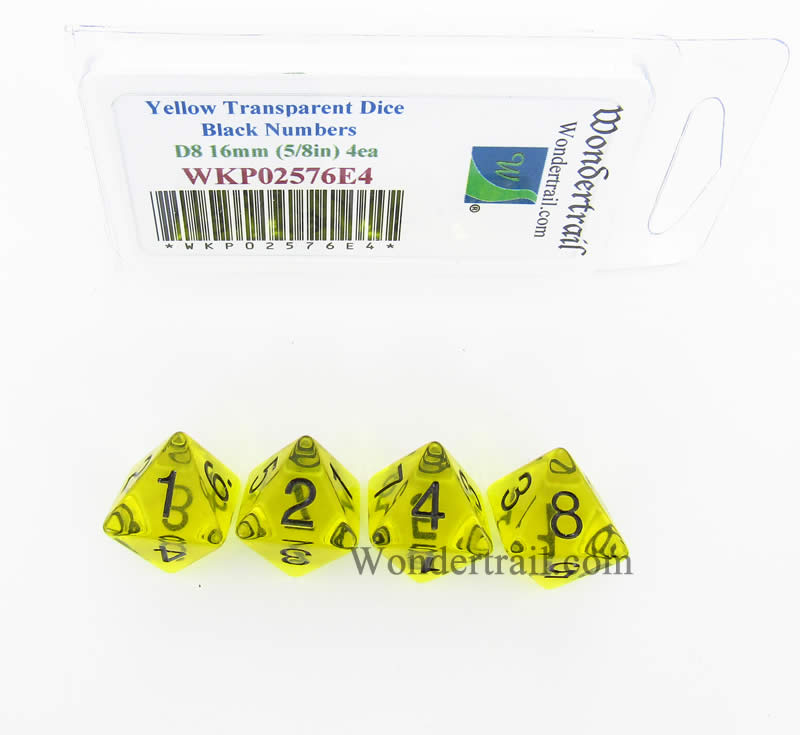WKP02576E4 Yellow Transparent Dice Black Numbers D8 16mm Pack of 4 Main Image