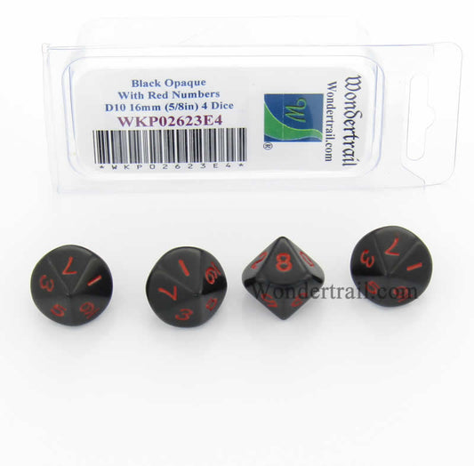 WKP02623E4 Black Opaque Dice Red Numbers D10 16mm (5/8in) Pack of 4 Main Image