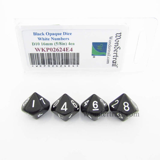 WKP02624E4 Black Opaque Dice White Numbers D10 16mm Pack of 4 Main Image