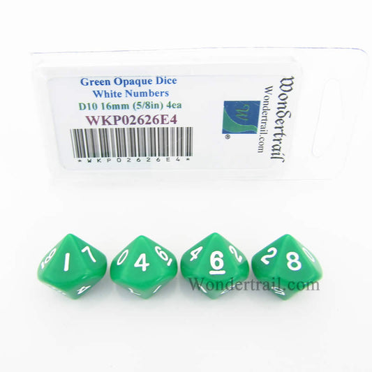 WKP02626E4 Green Opaque Dice White Numbers D10 16mm Pack of 4 Main Image