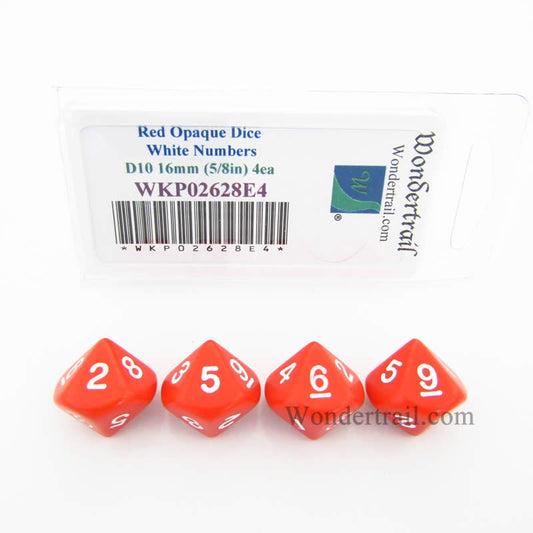 WKP02628E4 Red Opaque Dice White Numbers D10 16mm (5/8in) Pack of 4 Main Image