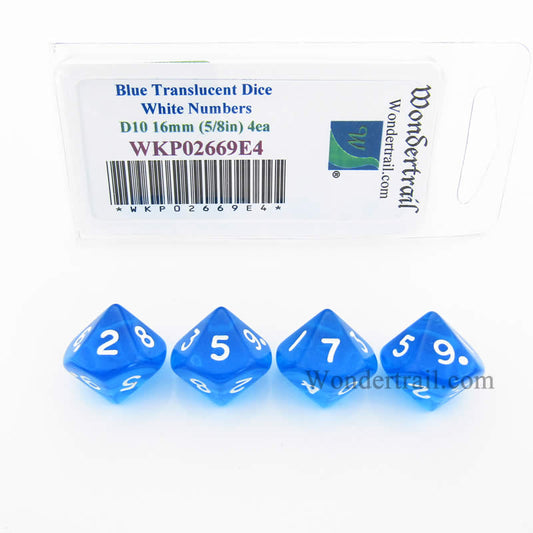 WKP02669E4 Blue Transparent Dice White Numbers D10 16mm Pack of 4 Main Image