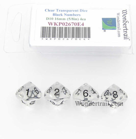 WKP02670E4 Clear Transparent Dice Black Numbers D10 16mm Pack of 4 Main Image
